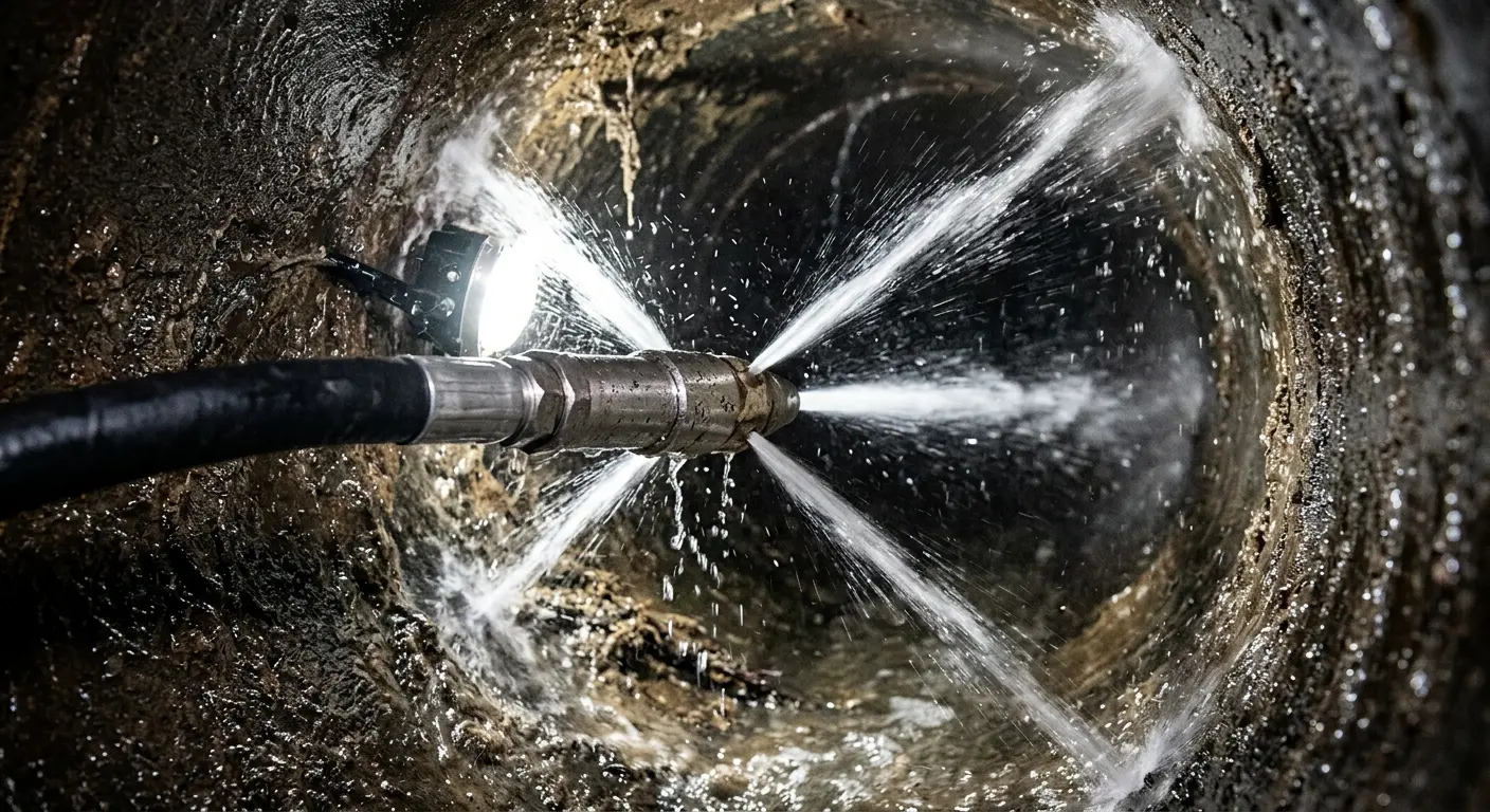 High-pressure hydro jetting nozzle cleaning sewer pipe for Emergency Drain Service in Kennett Square