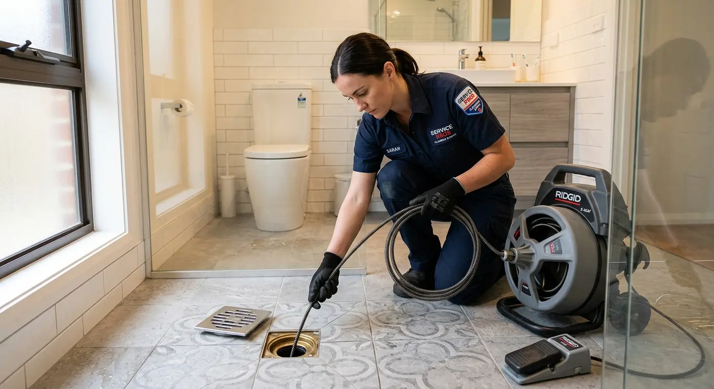 Technician clearing a bathroom floor drain for Drain Cleaning in Kennett Square